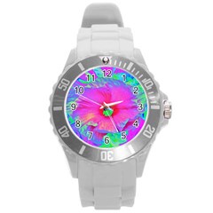 Psychedelic Pink And Red Hibiscus Flower Round Plastic Sport Watch (l) by myrubiogarden