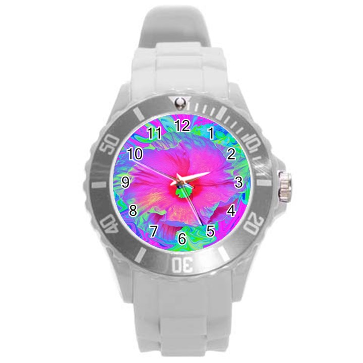 Psychedelic Pink And Red Hibiscus Flower Round Plastic Sport Watch (L)