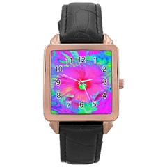 Psychedelic Pink And Red Hibiscus Flower Rose Gold Leather Watch  by myrubiogarden