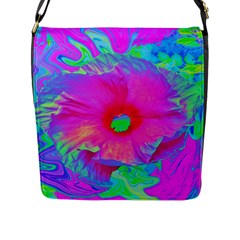 Psychedelic Pink And Red Hibiscus Flower Flap Closure Messenger Bag (l) by myrubiogarden