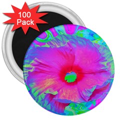 Psychedelic Pink And Red Hibiscus Flower 3  Magnets (100 Pack) by myrubiogarden