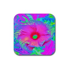 Psychedelic Pink And Red Hibiscus Flower Rubber Coaster (square)  by myrubiogarden