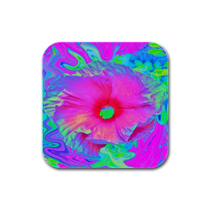 Psychedelic Pink And Red Hibiscus Flower Rubber Square Coaster (4 pack) 