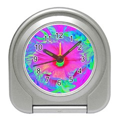 Psychedelic Pink And Red Hibiscus Flower Travel Alarm Clock by myrubiogarden