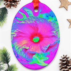 Psychedelic Pink And Red Hibiscus Flower Oval Ornament (two Sides) by myrubiogarden