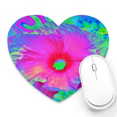 Psychedelic Pink And Red Hibiscus Flower Heart Mousepads by myrubiogarden