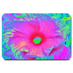 Psychedelic Pink And Red Hibiscus Flower Large Doormat  by myrubiogarden