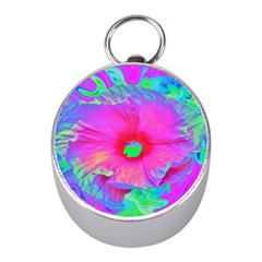 Psychedelic Pink And Red Hibiscus Flower Mini Silver Compasses by myrubiogarden