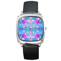 Pink And Purple Dahlia On Blue Pattern Square Metal Watch by myrubiogarden