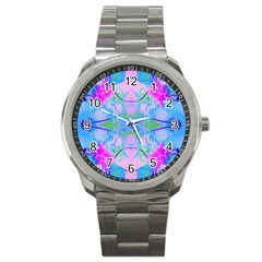 Pink And Purple Dahlia On Blue Pattern Sport Metal Watch by myrubiogarden