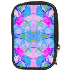 Pink And Purple Dahlia On Blue Pattern Compact Camera Leather Case by myrubiogarden