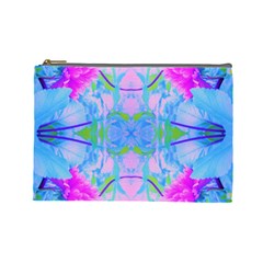 Pink And Purple Dahlia On Blue Pattern Cosmetic Bag (large)