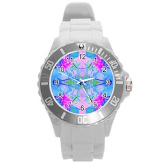 Pink And Purple Dahlia On Blue Pattern Round Plastic Sport Watch (l)