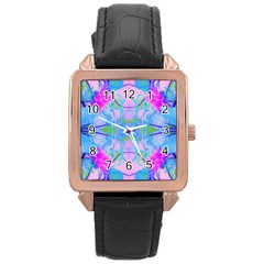 Pink And Purple Dahlia On Blue Pattern Rose Gold Leather Watch  by myrubiogarden