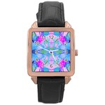 Pink And Purple Dahlia On Blue Pattern Rose Gold Leather Watch  Front