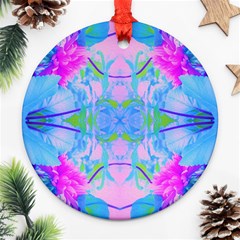 Pink And Purple Dahlia On Blue Pattern Ornament (round) by myrubiogarden