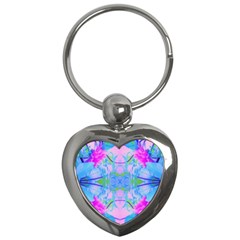 Pink And Purple Dahlia On Blue Pattern Key Chains (heart)  by myrubiogarden