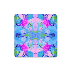 Pink And Purple Dahlia On Blue Pattern Square Magnet by myrubiogarden