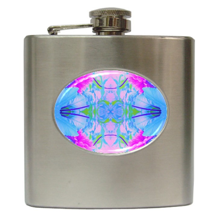 Pink And Purple Dahlia On Blue Pattern Hip Flask (6 oz)