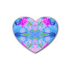 Pink And Purple Dahlia On Blue Pattern Rubber Coaster (heart)  by myrubiogarden