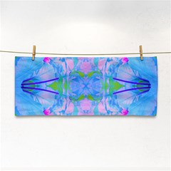 Pink And Purple Dahlia On Blue Pattern Hand Towel by myrubiogarden