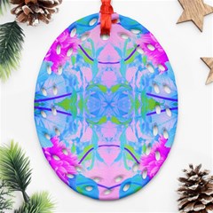 Pink And Purple Dahlia On Blue Pattern Oval Filigree Ornament (two Sides) by myrubiogarden