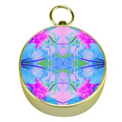 Pink And Purple Dahlia On Blue Pattern Gold Compasses by myrubiogarden