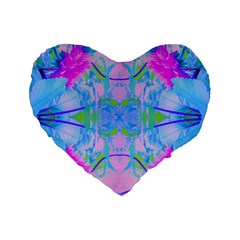 Pink And Purple Dahlia On Blue Pattern Standard 16  Premium Flano Heart Shape Cushions by myrubiogarden