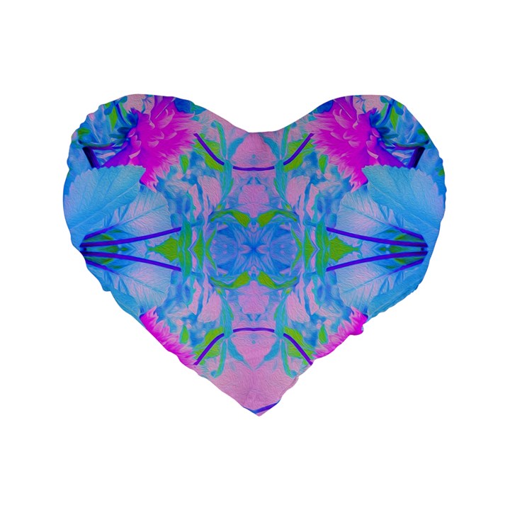 Pink And Purple Dahlia On Blue Pattern Standard 16  Premium Flano Heart Shape Cushions