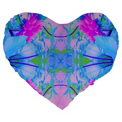 Pink And Purple Dahlia On Blue Pattern Large 19  Premium Flano Heart Shape Cushions by myrubiogarden