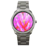 Fiery Hot Pink And Yellow Cactus Dahlia Flower Sport Metal Watch Front