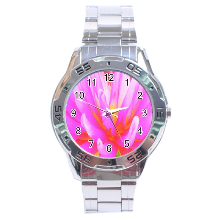 Fiery Hot Pink And Yellow Cactus Dahlia Flower Stainless Steel Analogue Watch