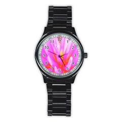 Fiery Hot Pink And Yellow Cactus Dahlia Flower Stainless Steel Round Watch by myrubiogarden