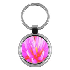 Fiery Hot Pink And Yellow Cactus Dahlia Flower Key Chains (round) 