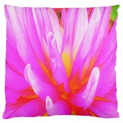 Fiery Hot Pink And Yellow Cactus Dahlia Flower Large Flano Cushion Case (one Side) by myrubiogarden