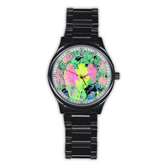 Fluorescent Yellow Smoke Tree With Pink Hydrangea Stainless Steel Round Watch by myrubiogarden