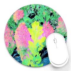 Fluorescent Yellow Smoke Tree With Pink Hydrangea Round Mousepads by myrubiogarden