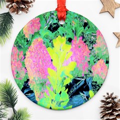 Fluorescent Yellow Smoke Tree With Pink Hydrangea Ornament (round) by myrubiogarden