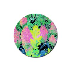 Fluorescent Yellow Smoke Tree With Pink Hydrangea Rubber Round Coaster (4 Pack)  by myrubiogarden