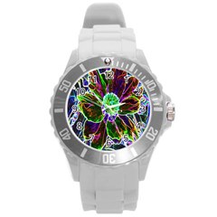 Abstract Garden Peony In Black And Blue Round Plastic Sport Watch (l) by myrubiogarden