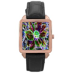 Abstract Garden Peony In Black And Blue Rose Gold Leather Watch  by myrubiogarden