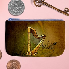 Wonderful Golden Harp On Vintage Background Large Coin Purse by FantasyWorld7