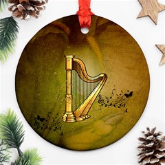 Wonderful Golden Harp On Vintage Background Ornament (round) by FantasyWorld7