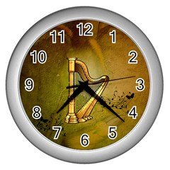 Wonderful Golden Harp On Vintage Background Wall Clock (silver) by FantasyWorld7