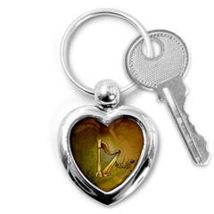 Wonderful Golden Harp On Vintage Background Key Chains (heart)  by FantasyWorld7