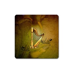 Wonderful Golden Harp On Vintage Background Square Magnet by FantasyWorld7