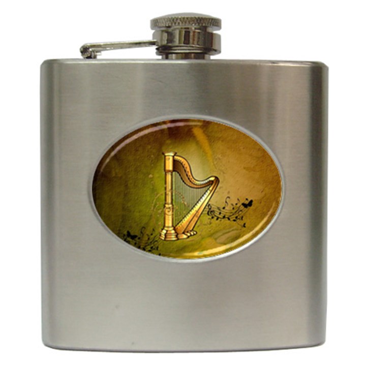 Wonderful Golden Harp On Vintage Background Hip Flask (6 oz)