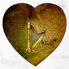 Wonderful Golden Harp On Vintage Background Jigsaw Puzzle (heart) by FantasyWorld7