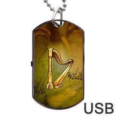 Wonderful Golden Harp On Vintage Background Dog Tag Usb Flash (one Side) by FantasyWorld7