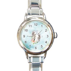 Cute Little Maltese With Flowers Round Italian Charm Watch by FantasyWorld7